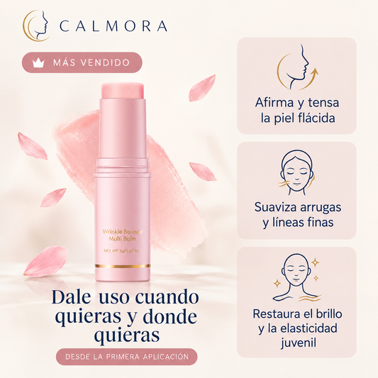 Stick rosa Calmora con iconos de sus usos: piel, ojos y líneas finas