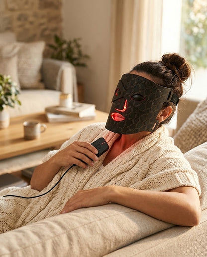 Mujer relajada en un sofá usando la máscara facial LED con luz roja