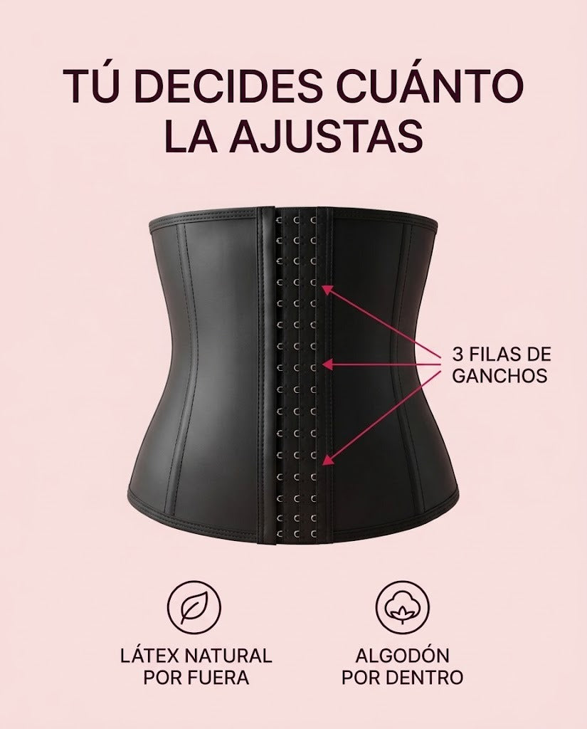 Faja Calmora Sculpt con tres filas de ganchos, látex natural por fuera y algodón por dentro
