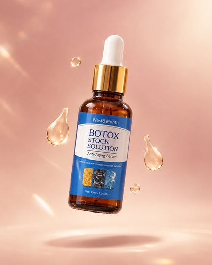 Frasco del sérum flotando con tres gotas doradas