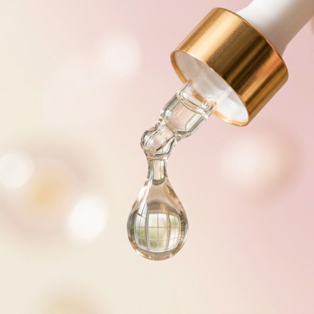 Gota de sérum cayendo del cuentagotas dorado