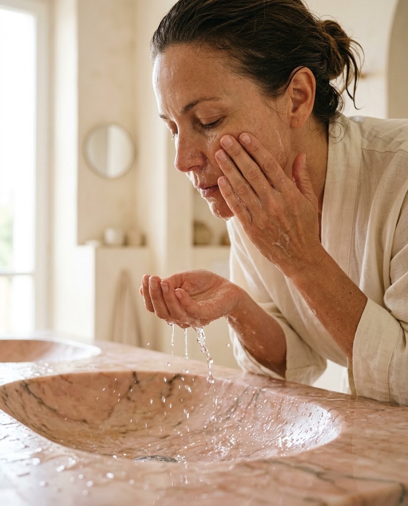Mujer lavándose el rostro con agua