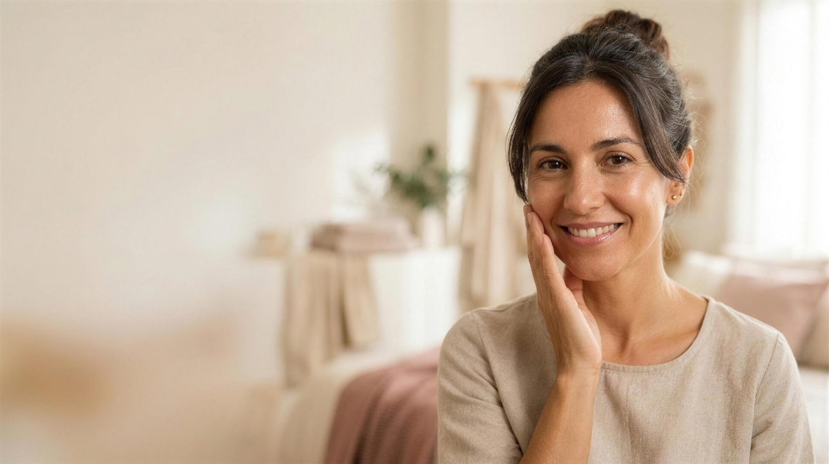 Mujer sonriendo con la piel luminosa y natural